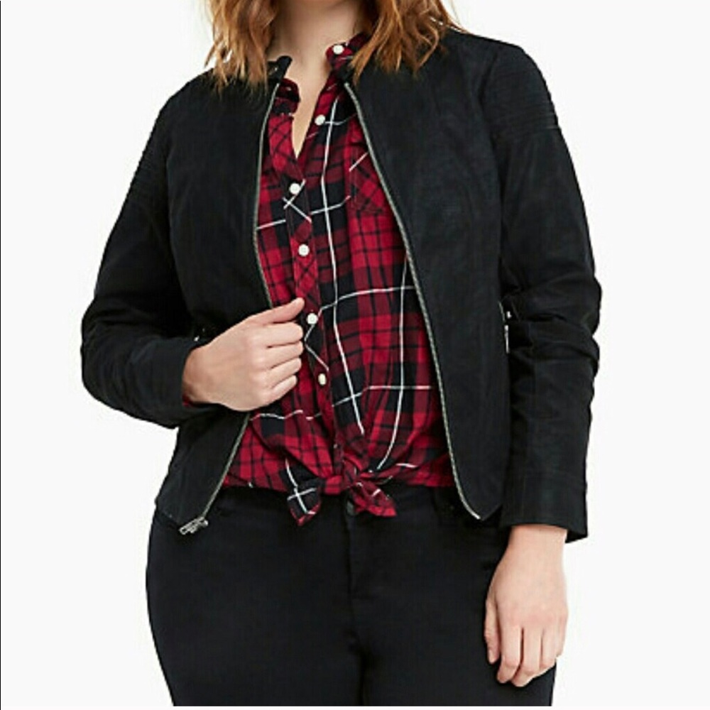 Coated faux leather motorcycle jacket.